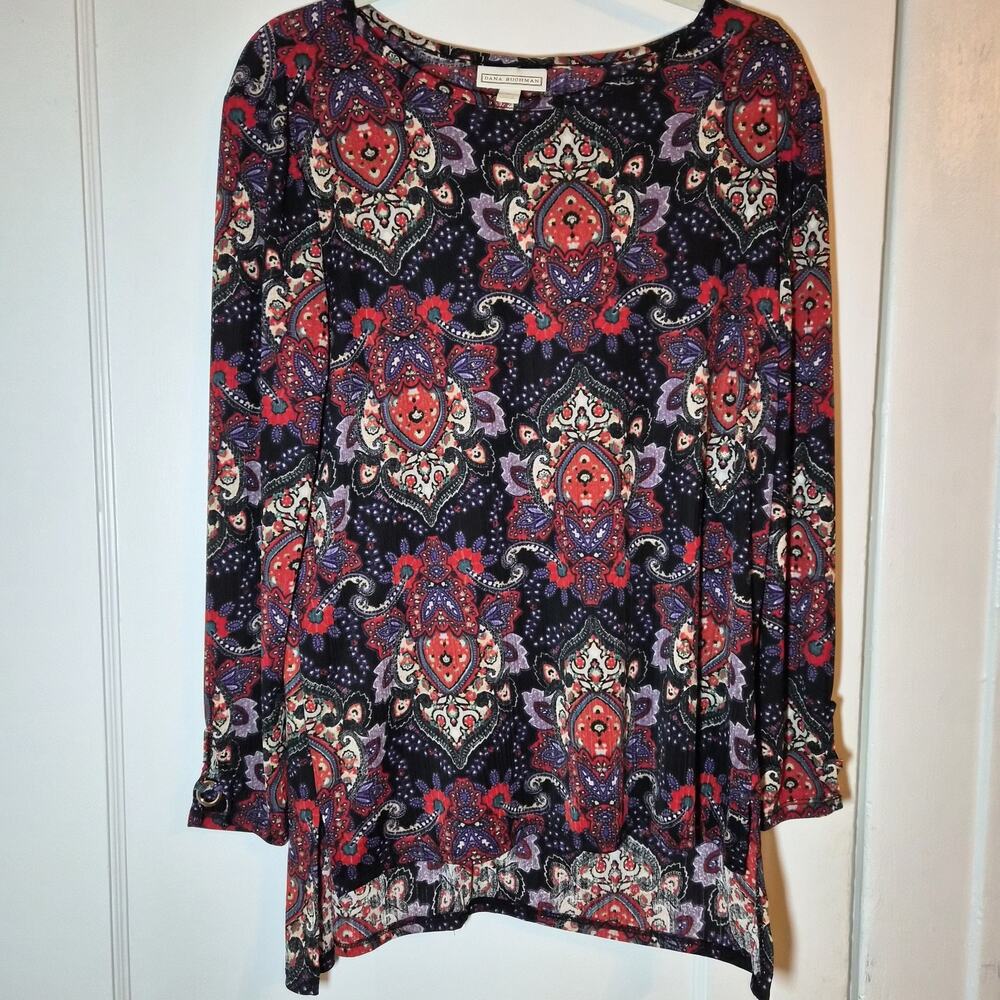 Dana Buchman Long Sleeve Paisley Blouse Sz L Gold Flecks Silver Hoop Cuff Accent